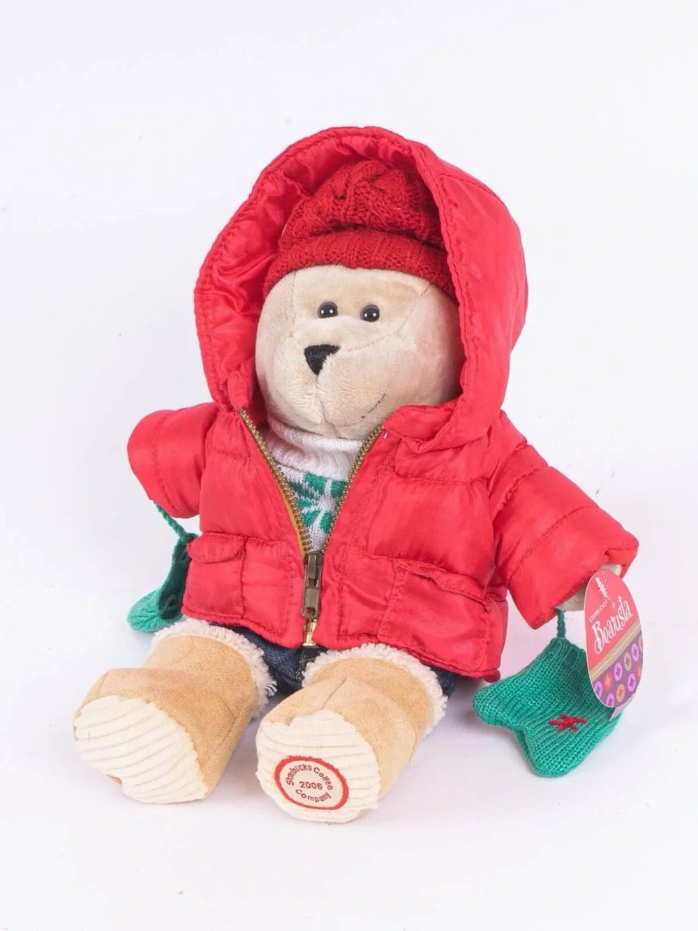 STARBUCKS NWT  Barista Bear in Red Puffer Jacket with Green Mittens 2006